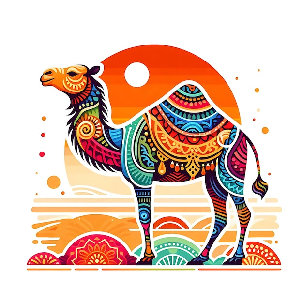 Photo a drawing of a camel with a colorful pattern on it