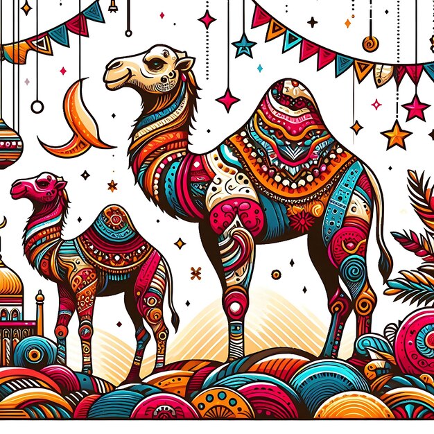 Photo a drawing of a camel with a colorful pattern on it