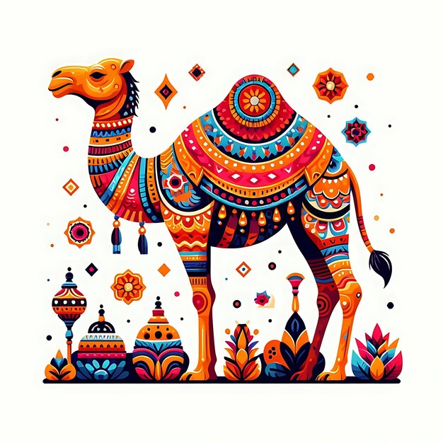 Photo a drawing of a camel with a colorful pattern on it