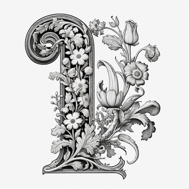 A drawing of a capital letter with flowers and leaves generative ai