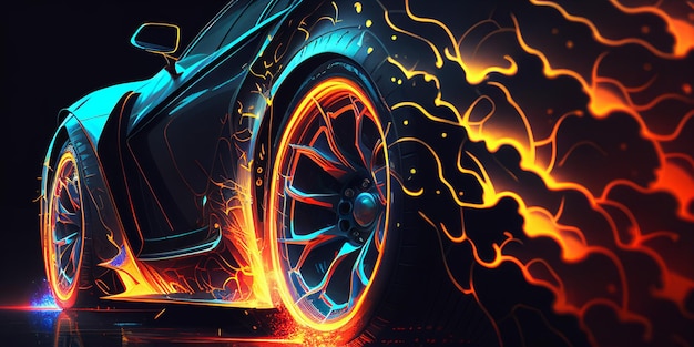 Drawing car tire wheel close up black style fire paint Generative AI