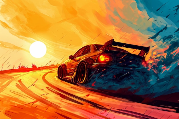 drawing of a car with big wheels and a spoiler The car is driving on a winding road and the sun is setting in the sky