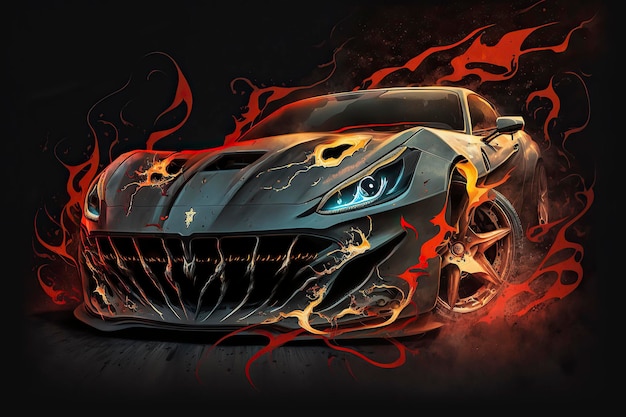 A drawing of a car with flames and flames