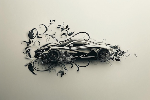 Photo a drawing of a car with flowers and a picture of a car