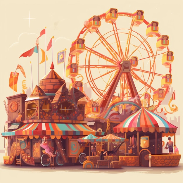 A drawing of a carnival with a ferris wheel and a ferris wheel.