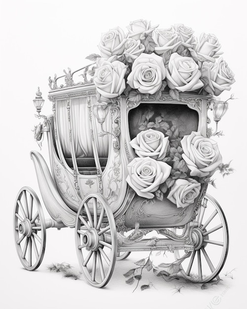 Photo drawing of carriage carrying white rose