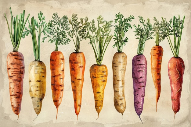 a drawing of carrots with purple and purple tops