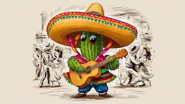 Photo a drawing of a cartoon character with a guitar and sombrero