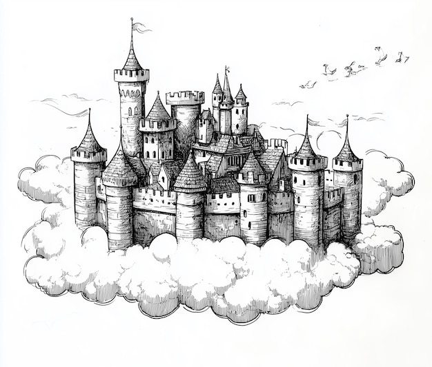 Photo a drawing of a castle in the clouds with birds flying around