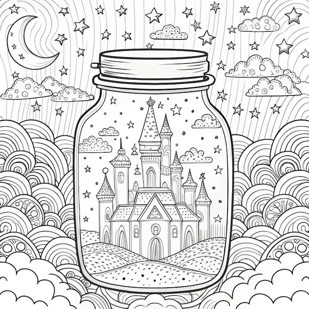 a drawing of a castle in a jar with the words castle on the top