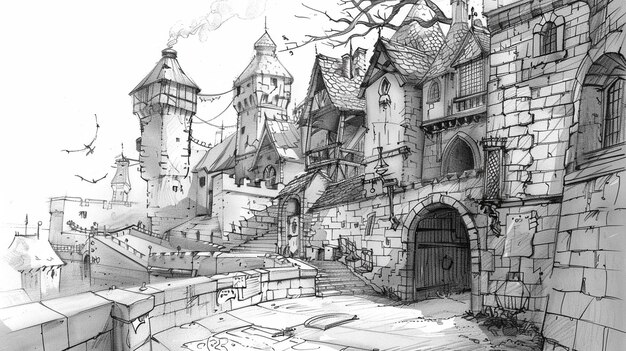 Photo a drawing of a castle in the middle of a city