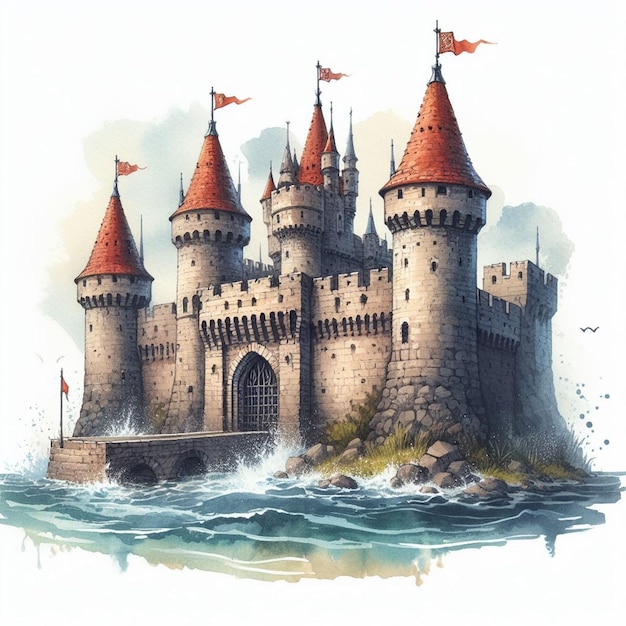 a drawing of a castle with flags flying in the air