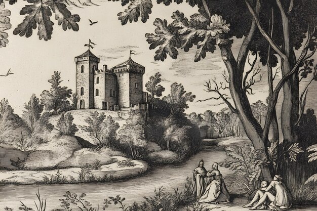 Photo a drawing of a castle with a tree and a statue of a woman and a woman in the foreground