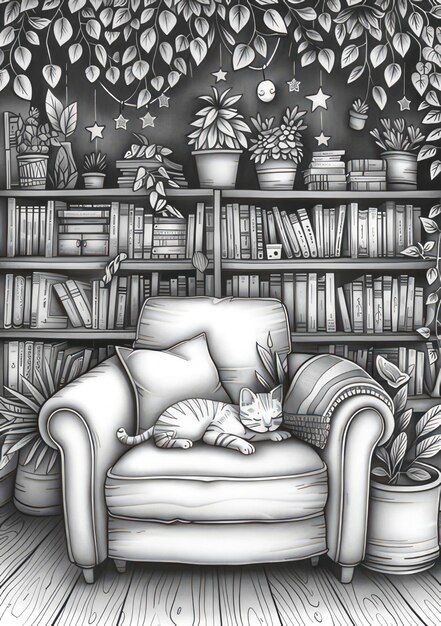 Photo a drawing of a cat on a chair with books on the shelves