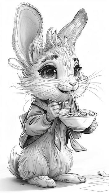 Photo a drawing of a cat eating a bowl of soup