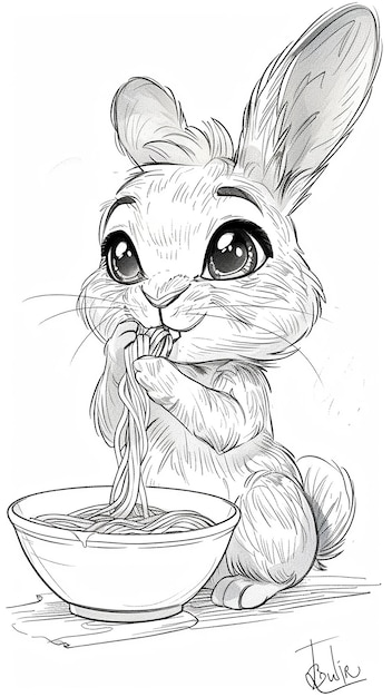 Photo a drawing of a cat eating food with a pencil drawing of a rabbit eating food