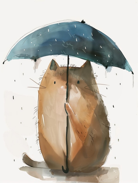 a drawing of a cat under an umbrella that has rain drops