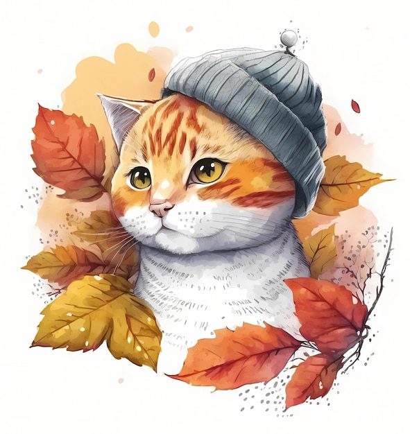 A drawing of a cat wearing a hat and a beanie.