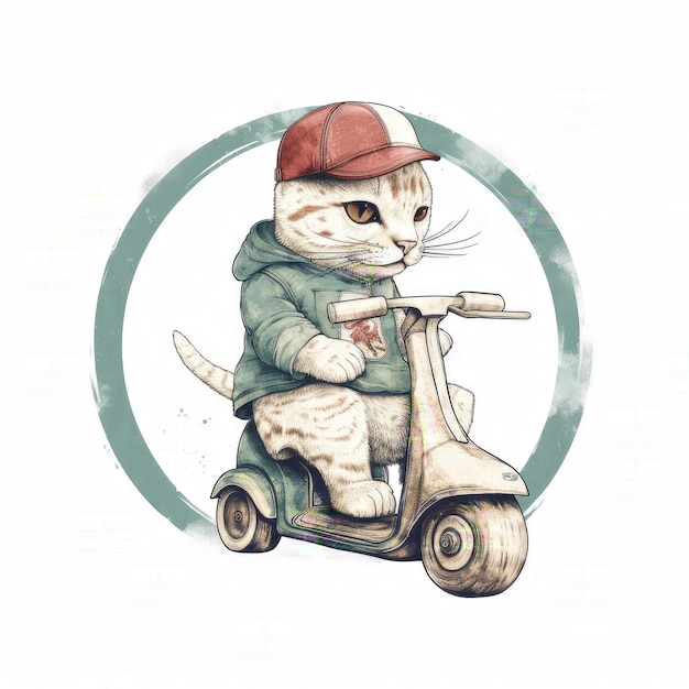 A drawing of a cat wearing a red hat and a jacket that says'cat on it '