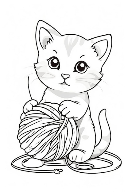 a drawing of a cat with a ball of yarn on it