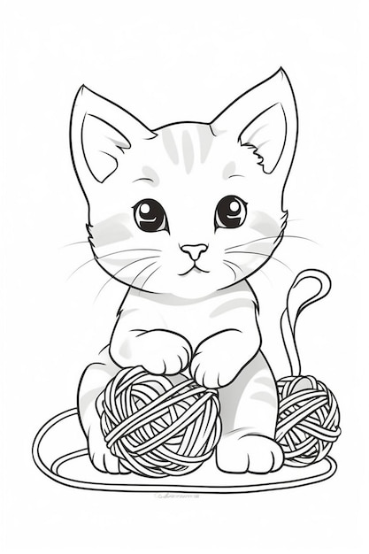 a drawing of a cat with a ball of yarn on it