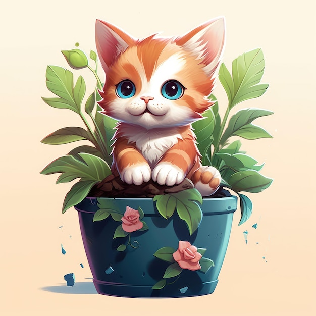 A drawing of a cat with blue eyes sits in a planter.