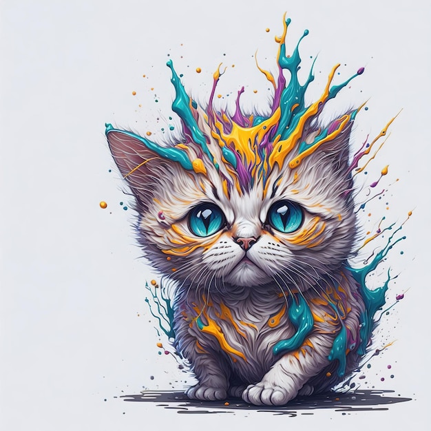 A drawing of a cat with blue eyes and a splatter of paint.