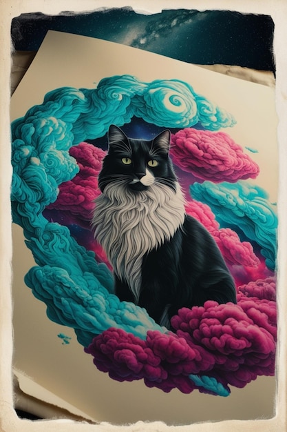 a drawing of a cat with a blue hat on it