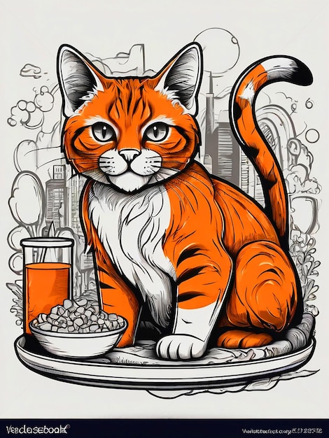 a drawing of a cat with a bowl of cereal and a glass of milk