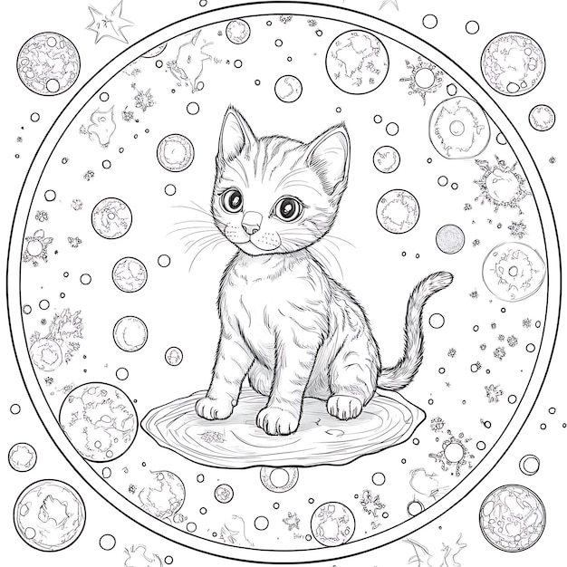 a drawing of a cat with a circle of bubbles and a drawing of a cat