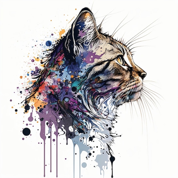 A drawing of a cat with a colorful background and the word cat on it.