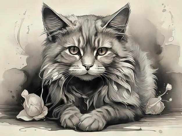 a drawing of a cat with a flower in the background