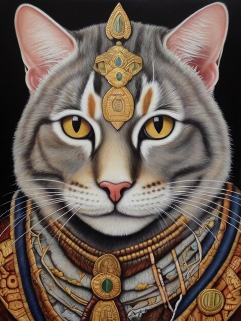 a drawing of a cat with a gold crown on its head