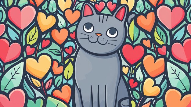 Photo a drawing of a cat with hearts in the background