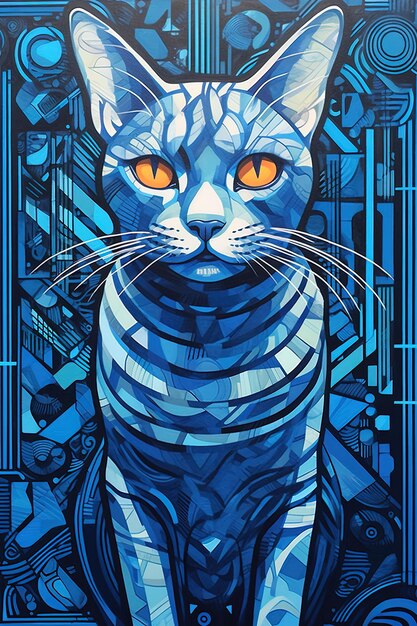 Photo a drawing of a cat with orange eyes and a blue background with a blue cat