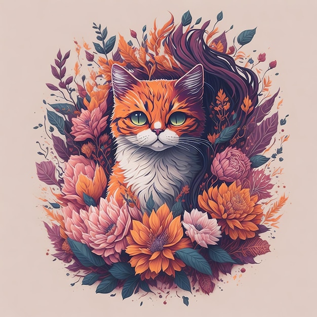 A drawing of a cat with orange eyes and a green eye is surrounded by flowers.