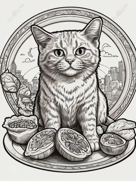 a drawing of a cat with a picture of a cat and some nuts