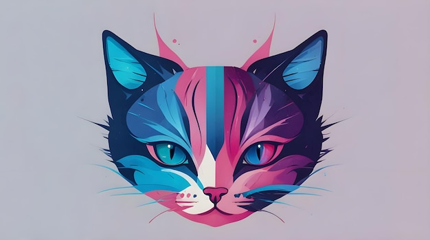 a drawing of a cat with a pink and blue face and a blue and pink face