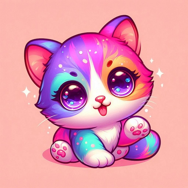 a drawing of a cat with a rainbow background