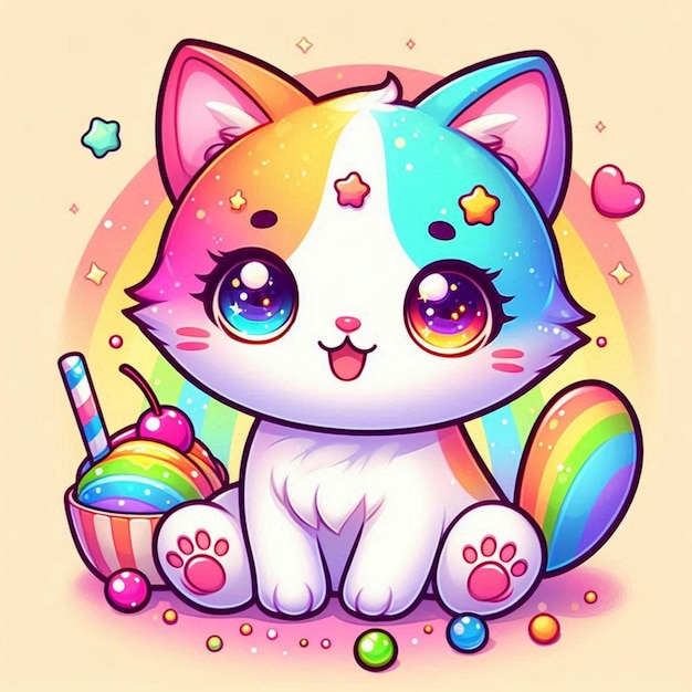 a drawing of a cat with a rainbow colored egg and a basket of eggs