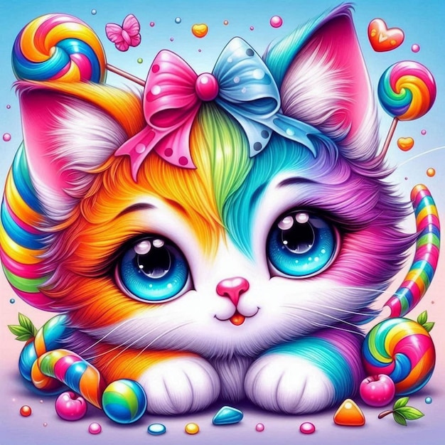 Photo a drawing of a cat with rainbow and hearts