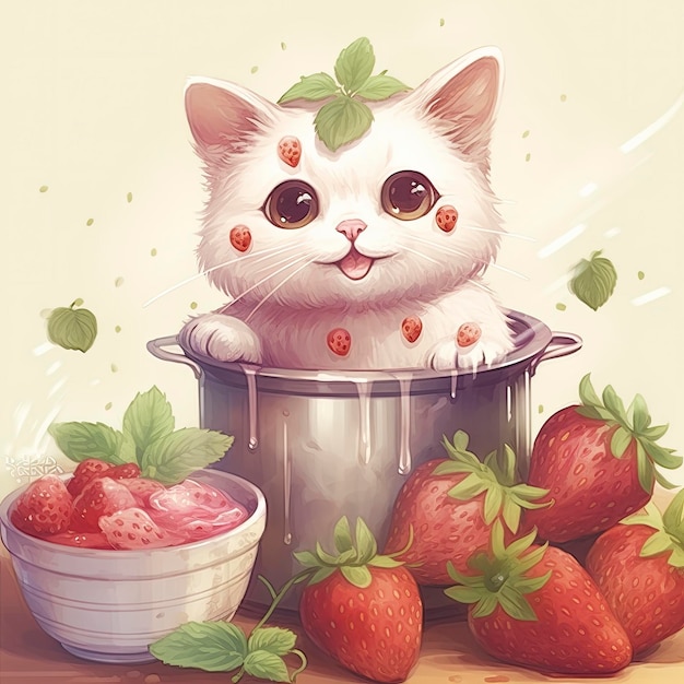 A drawing of a cat with a strawberry on it