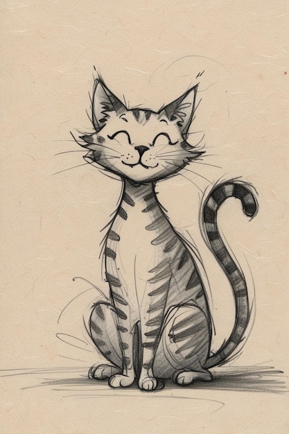 a drawing of a cat with a striped tail