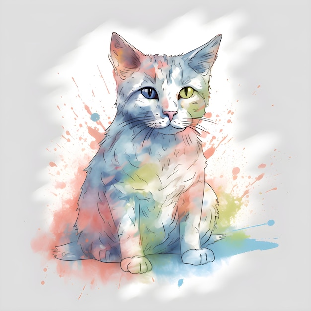 A drawing of a cat with yellow and blue eyes.