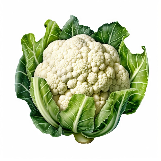 A drawing of a cauliflower with green leaves and a white background.