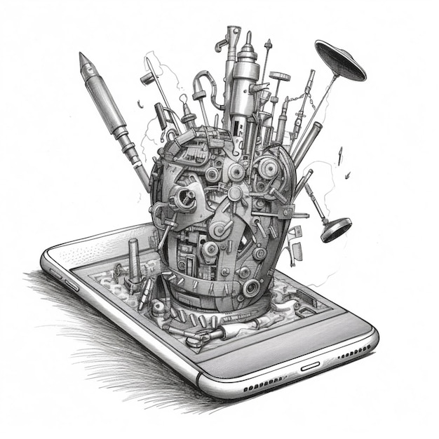 Drawing of a cell phone with a bunch of tools on it generative ai