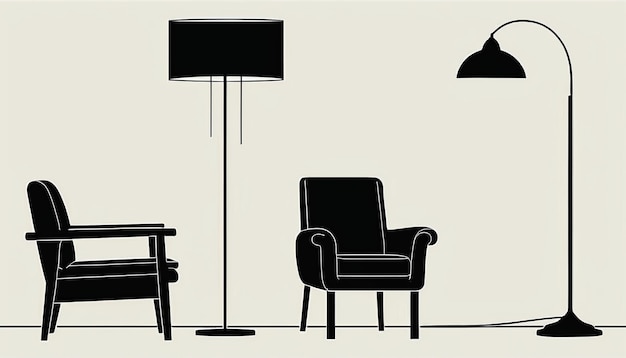 a drawing of a chair and a lamp in a room with a lamp on it