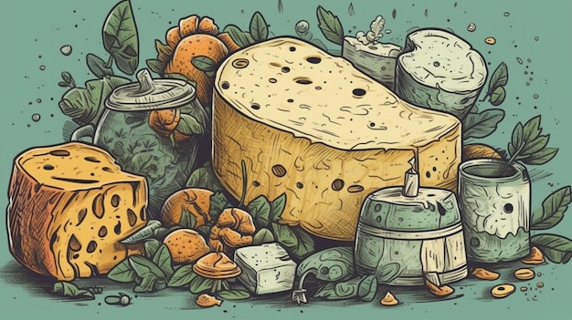 A drawing of cheese and other foods including one that says'cheese '