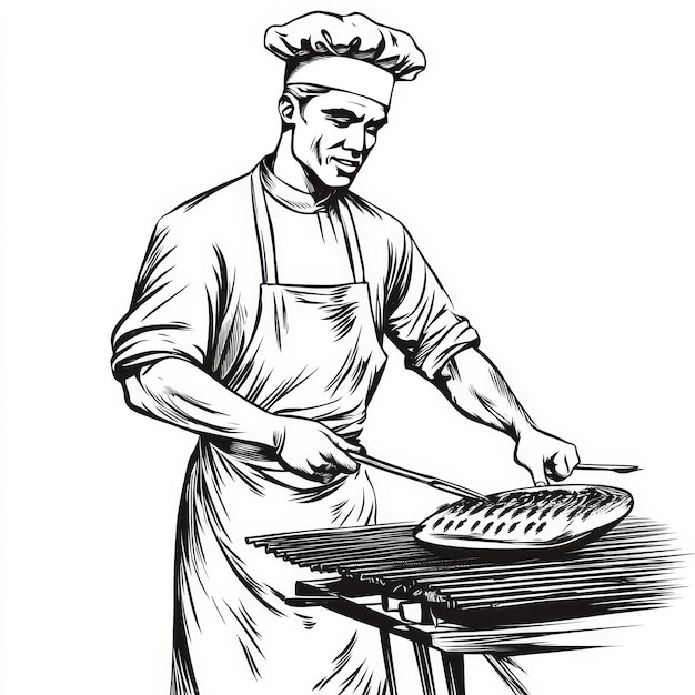 A drawing of a chef cooking with a knife in the middle