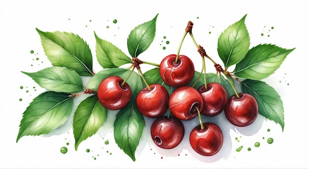 a drawing of cherries with green leaves on a white background